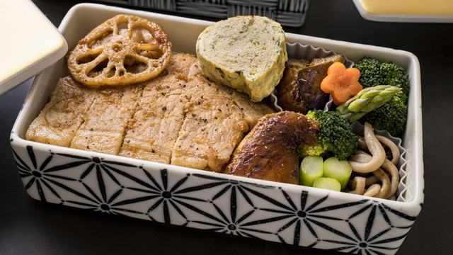 Bento box containing lunch food.