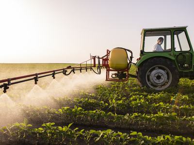 A tractor spraying a field of soybeans