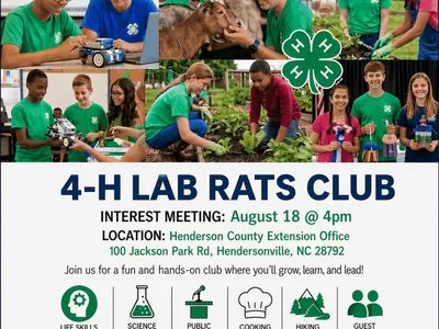 Lab Rats 4-H Club Interest Meeting 
Club will focus on learning life skills. The first meeting will be on Tuesday, August 18, at 4PM at the NC Cooperative Extension Office, Henderson