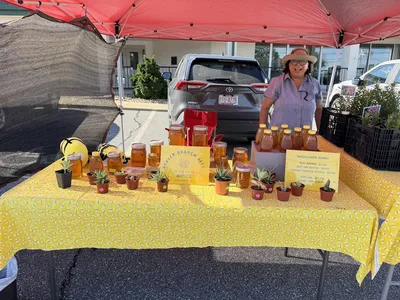 farmers market vendor with honey for sale