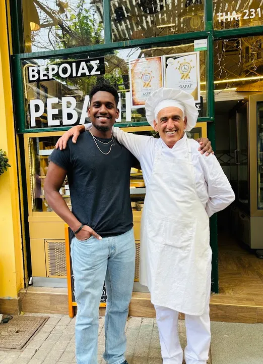 Taj Hewitt, 2024 SEE Inside Greek Agriculture scholar, befriends a confectioner in Thessaloniki.