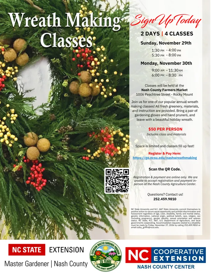 2026 Wreath Making Classes flyer with class dates, times, location, and $50 registration details.