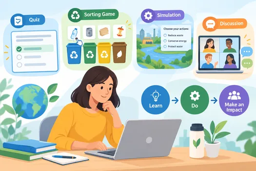 llustration of a woman learning on a laptop, surrounded by interactive learning activities including quizzes, a recycling sorting game, an environmental simulation, and an online group discussion. Icons show the learning process from gaining knowledge to taking action and making an impact.