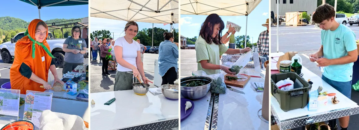 Four Dig In summer interns assisting with Harvest Share cooking demonstrations, including preparing ingredients, mixing recipes, organizing fresh produce, and helping at outdoor demonstration tables.