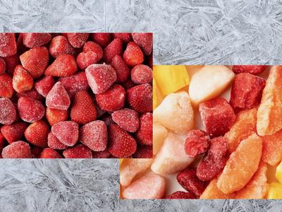 two photos on an ice background, one photo is of frozen strawberries and the other is of assorted frozen fruit that include pineapples, bananas, strawberries, and sliced oranges