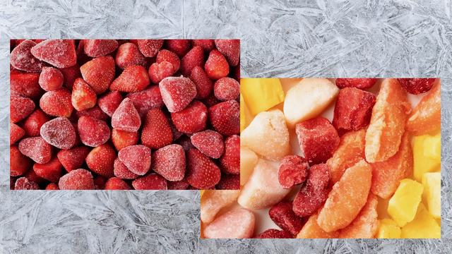 two photos on an ice background, one photo is of frozen strawberries and the other is of assorted frozen fruit that include pineapples, bananas, strawberries, and sliced oranges