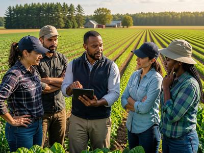 Decorative image showing one person using computer to discuss agricultural issues to others in a field