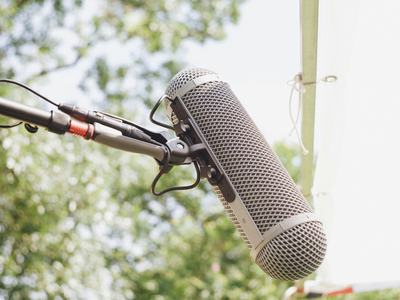 A microphone in front of green foliage