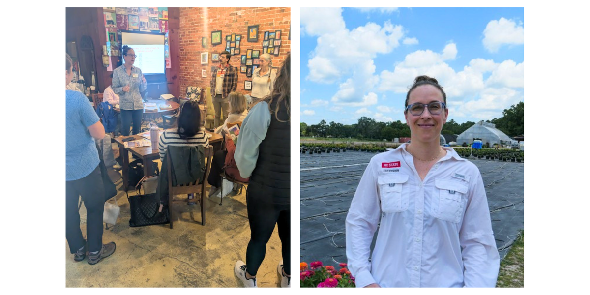 Left: Dr. Bloom leading 'From Field to Child Care: Guiding Local Food Purchasing in Your County' at the Harvesting the Future Local Food and Community Development Conference, participants in the room viewing the presentation; Right: Dr. Bloom at a farm tour