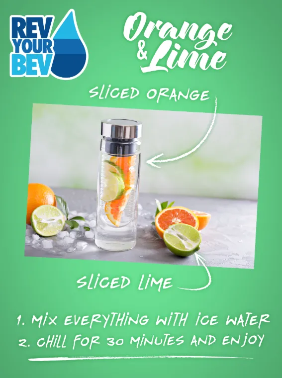 A glass of water, ice, orange and lime slices sitting on a silver table.