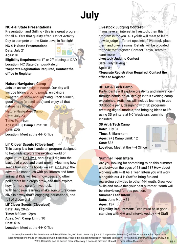 5th page of Summer Fun 2026 Flyer. Camps in July. Clip art coincides with camps offered.