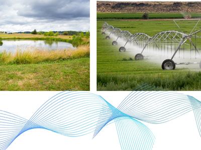 Decorative image showing a pond on a farm and an irrigation system