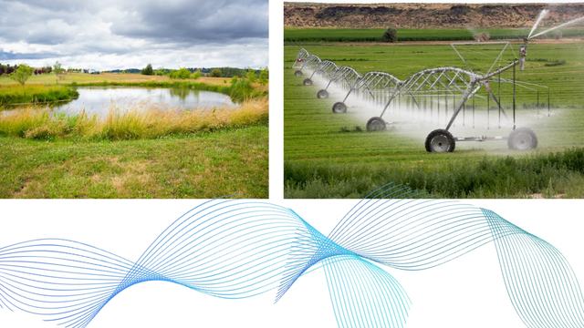 Decorative image showing a pond on a farm and an irrigation system