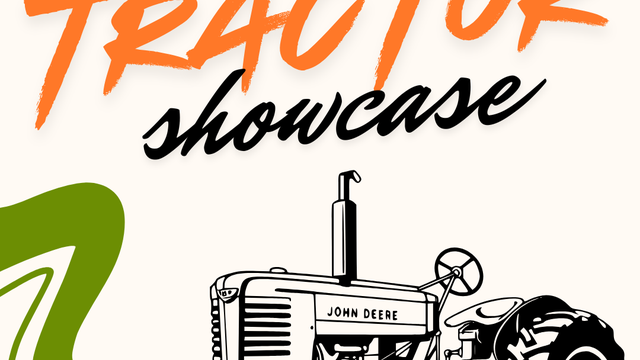 An event flyer for the Common Ground Festival at the Randolph County Ag. Center on April 11, 2026. The text features a "Tractor Showcase" in large, orange and black script. Below the text is a black and white line drawing of a vintage John Deere tractor