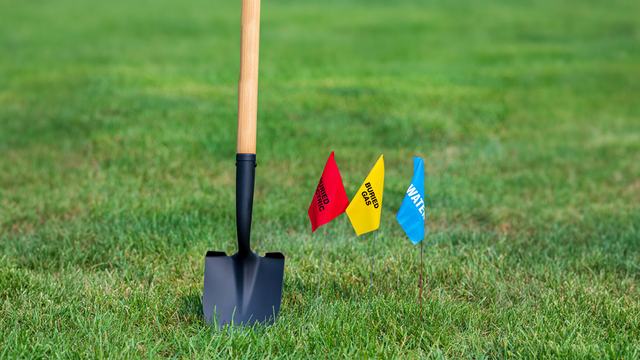 Picture of shovel in grass with marking flags