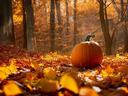 A bright orange pumpkin sitting on golden autumn leaves surrounded by tall trees in a sunlit forest.