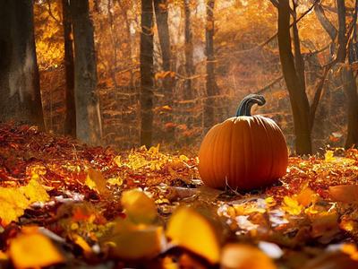 A bright orange pumpkin sitting on golden autumn leaves surrounded by tall trees in a sunlit forest.