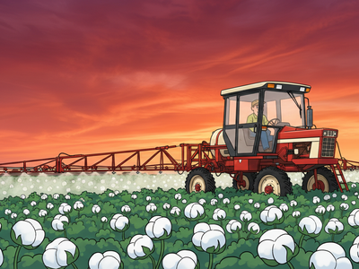 Gemini said
An illustration of a red agricultural sprayer driving through a field of cotton at sunset. A long boom extends from the side of the machine, releasing a fine mist over the rows of fluffy white cotton plants. The background features a dramatic