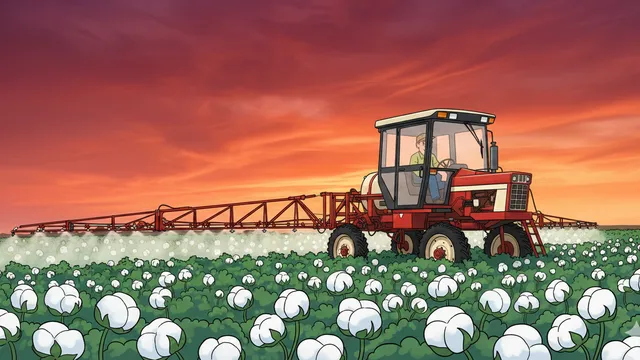 Gemini said
An illustration of a red agricultural sprayer driving through a field of cotton at sunset. A long boom extends from the side of the machine, releasing a fine mist over the rows of fluffy white cotton plants. The background features a dramatic