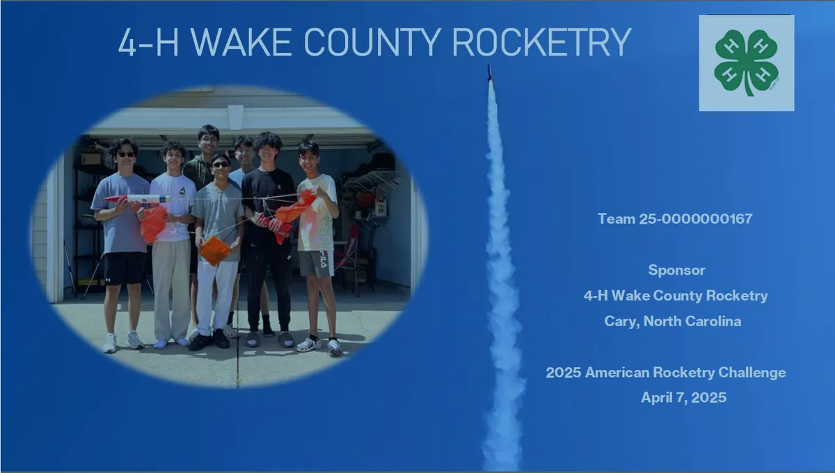 4-H Wake County Rocketry Cary, North Carolina; 7 members holding components of a rocket