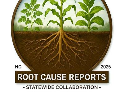 Circular illustration showing three crops (a small plant, corn, and a broadleaf plant) above ground with an extensive shared root system below the soil, symbolizing plant health and underlying causes. The design is labeled “Root Cause Reports, NC 2025"