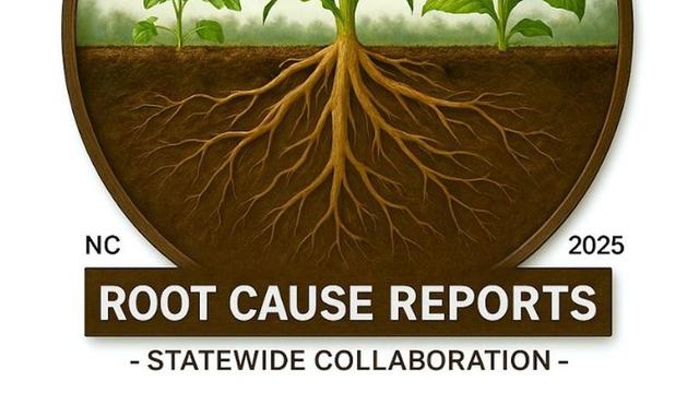 Circular illustration showing three crops (a small plant, corn, and a broadleaf plant) above ground with an extensive shared root system below the soil, symbolizing plant health and underlying causes. The design is labeled “Root Cause Reports, NC 2025"