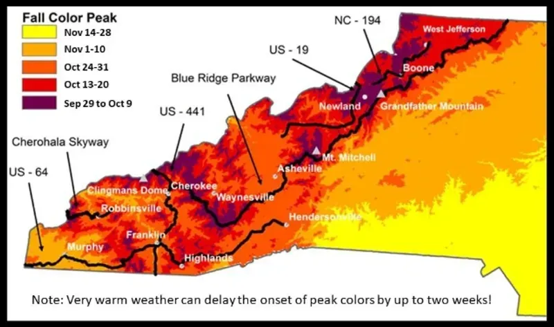 Map showcasing typical range of fall color peak timing across WNC regionally.