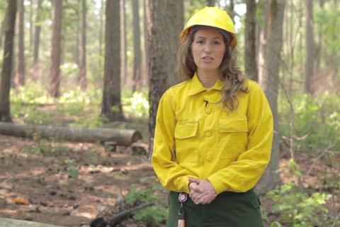 A woman in a high vis outfit stands in a forest.