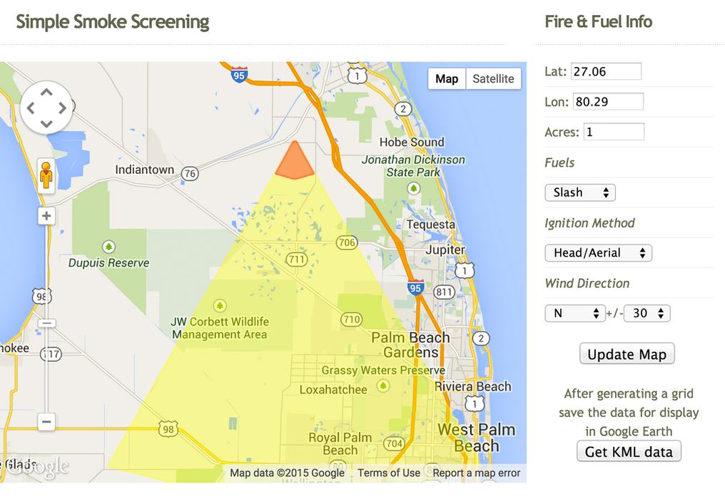 A screenshot of the Simple Smoke Screen tool used to determine the direction and area affected by wind and smoke.