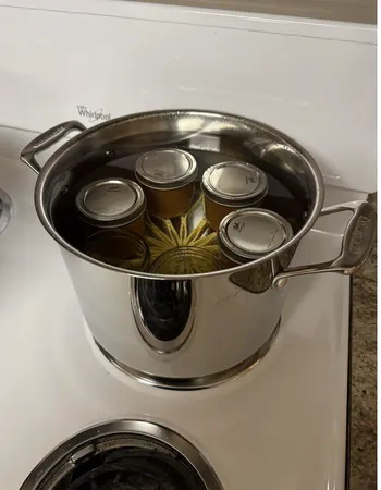 Boiling water bath canning of four jars of food and two empty jars in small pot on top of a yellow trivet.