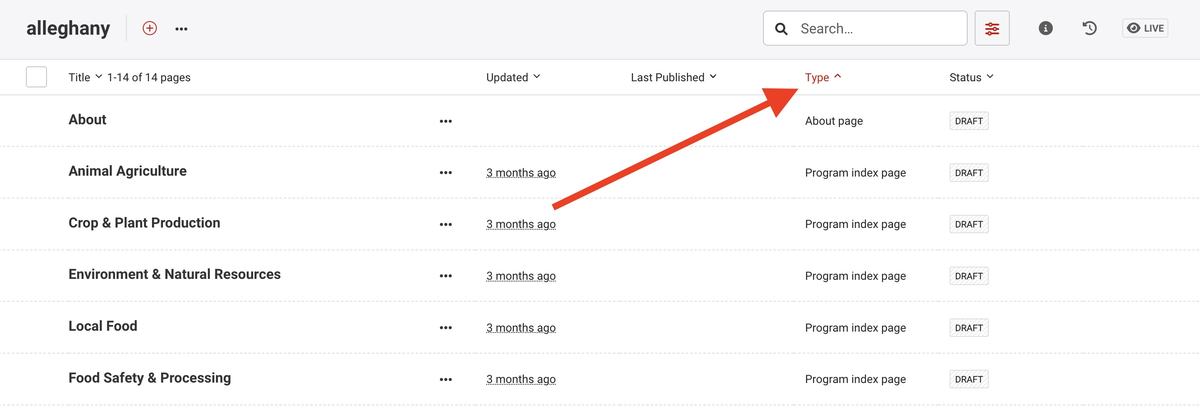 Screenshot of the page dashboard in Wagtail