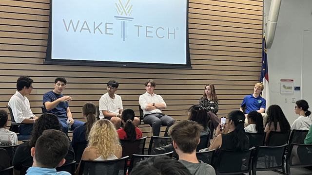 Student panel presenting to a student audience at Wake Tech. Spark Expo 2024.