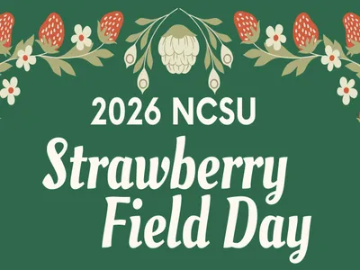 Decorative banner with a dark green background featuring illustrated strawberries, white flowers, and foliage framing the text “2026 NCSU Strawberry Field Day” in large cream-colored lettering.