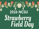 Decorative banner with a dark green background featuring illustrated strawberries, white flowers, and foliage framing the text “2026 NCSU Strawberry Field Day” in large cream-colored lettering.