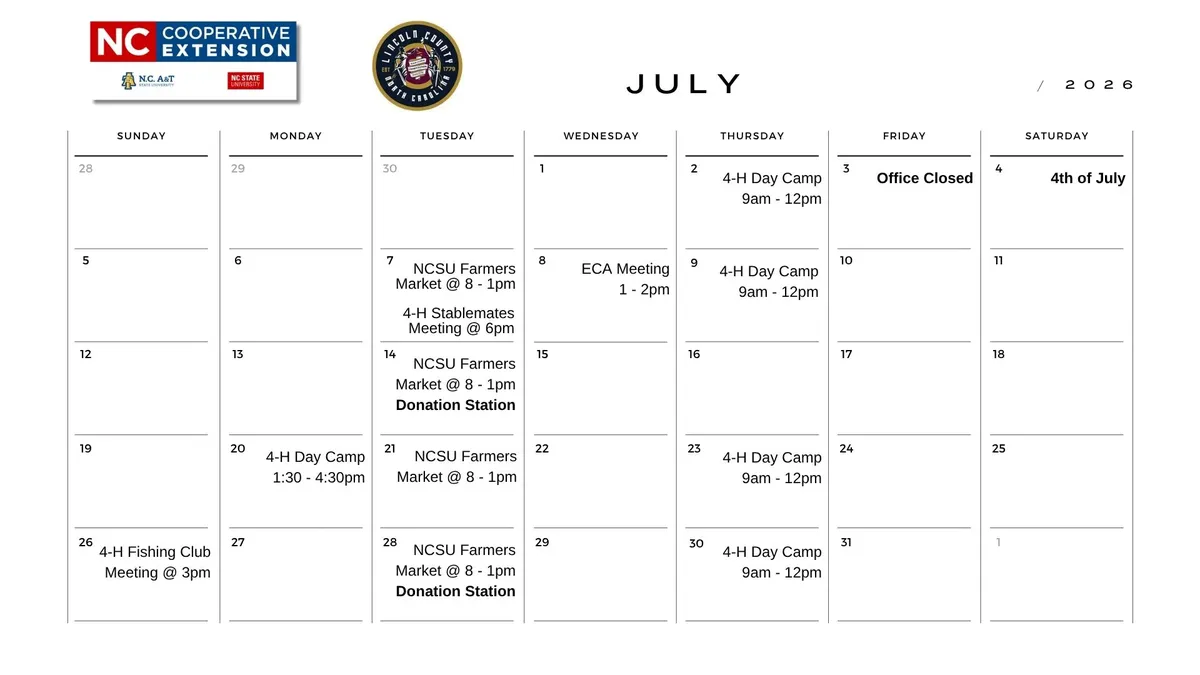 Calendar of Events for July 2026