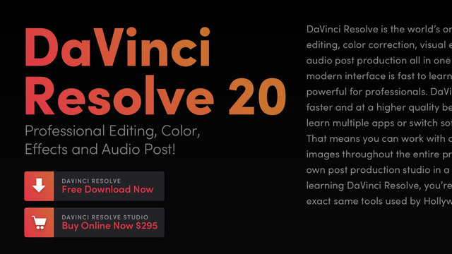 Image shows the main website page of the editing program of DaVinci Resolve.