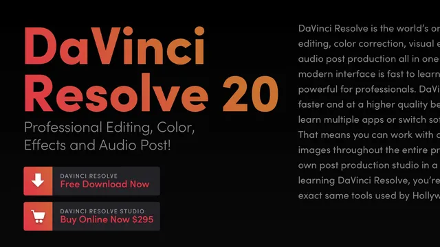 Image shows the main website page of the editing program of DaVinci Resolve.