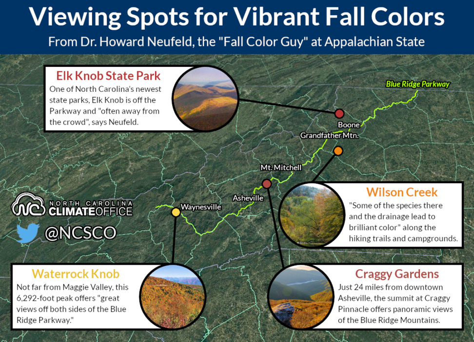 Map showing locations of fall color including local spots across WNC.