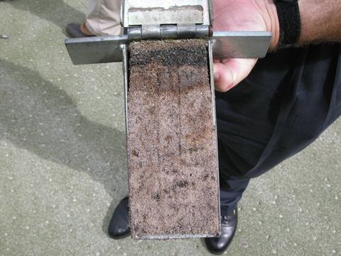 Black band of soil in a soil profiler from a creeping bentgrass putting green due to black layer.