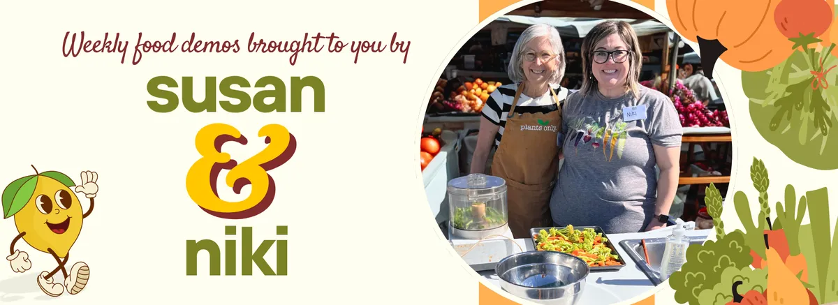 Header image of Susan and Niki in front of the mobile kitchen at a Harvest Share event