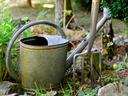 watering can and pitchfork in the garden