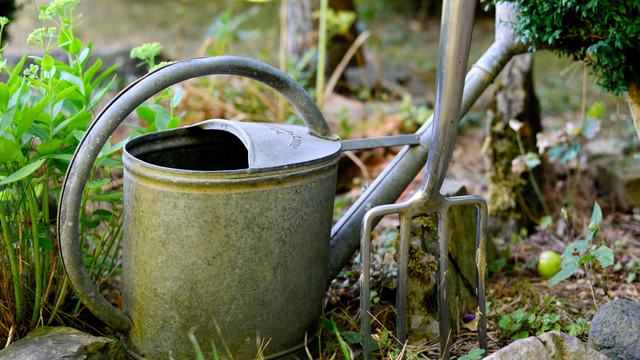 watering can and pitchfork in the garden