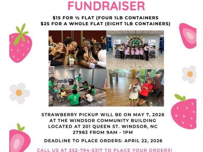 Bertie County 4-H Strawberry Fundraiser featuring pink text, strawberry and flower illustrations, and a collage of four photos showing local youth participating in various 4-H activities.