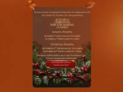 flyer advertising upcoming wreath making workshops with autumn colors and a Christmas wreath