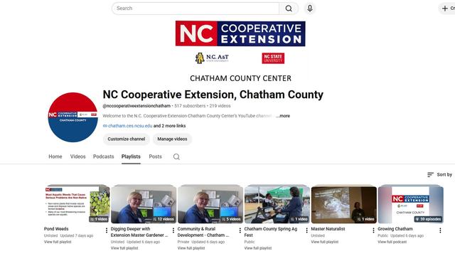 Chatham County Cooperative Extension YouTube: Video resources on agriculture, gardening, and more.
