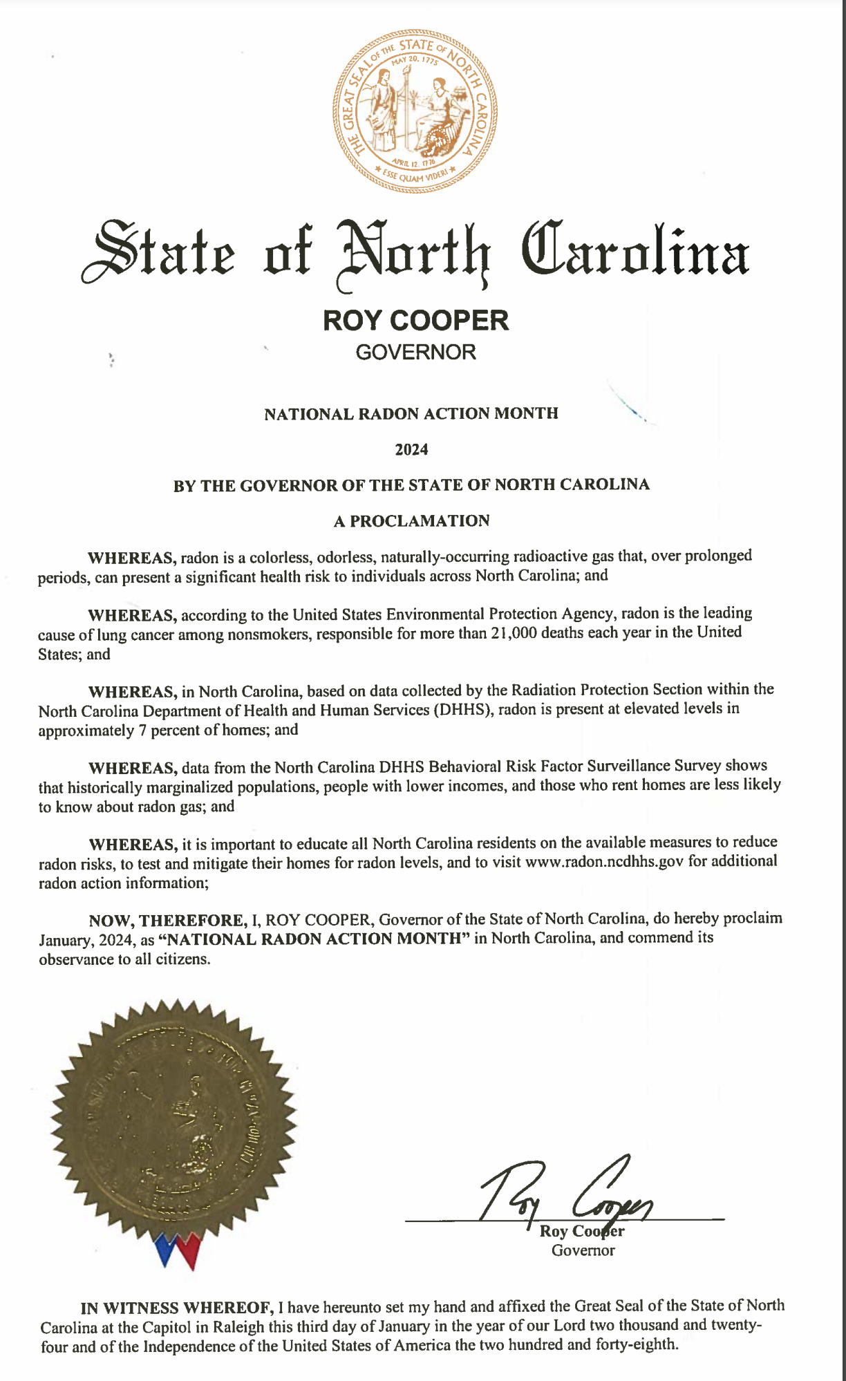 Gov. Cooper Declares January 2024 National Radon Action Month