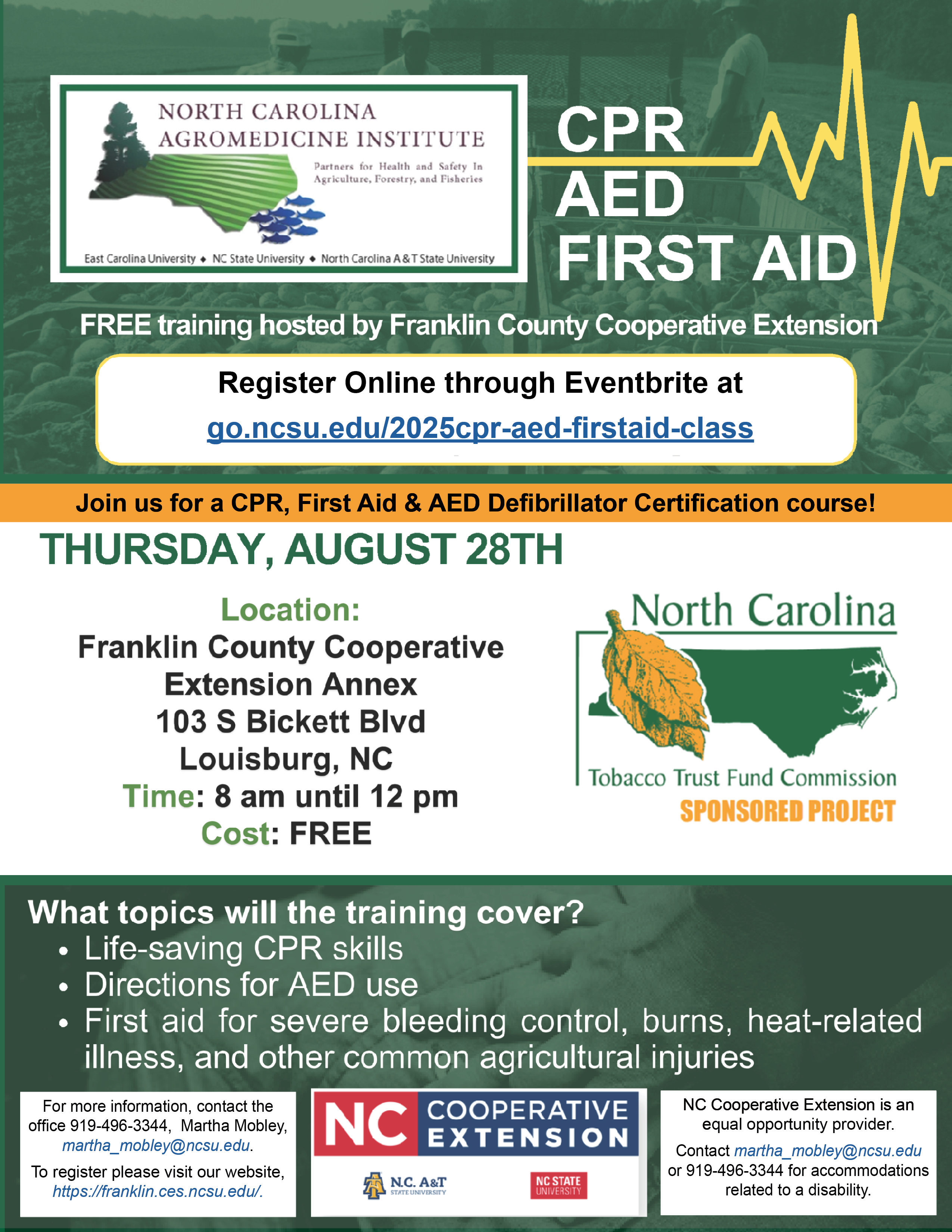 Free CPR, First Aid and AED Class - Franklin County Center | N.C.